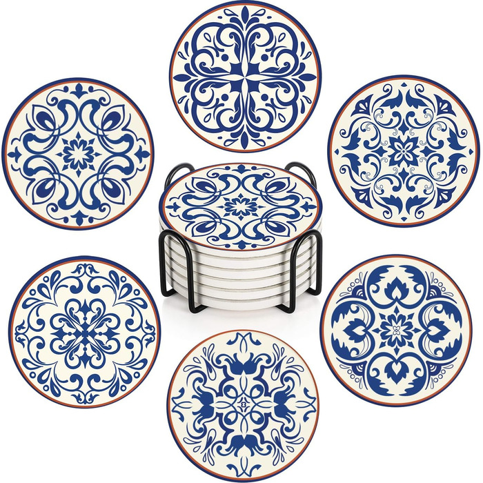 Drink Coasters 6-Piece Set, Geometric Tribal Boho Blue Red Absorbent Round Ceramic Stone Mat with Cork Bottom and Metal Holder, Housewarming Gift Bar Decor (Spanish Ceramic)