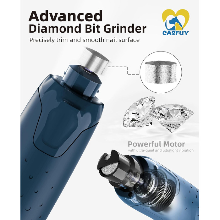 Електричний точилка для кігтів собак Casfuy - 6 режимів, 45 дБ, з LED-підсвіткою, для великих, середніх та малих порід, з захистом від пилу (білий/блакитний)