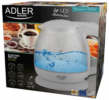 Скляний електрочайник Adler AD 1283, 1 л, сірий, з LED-підсвіткою