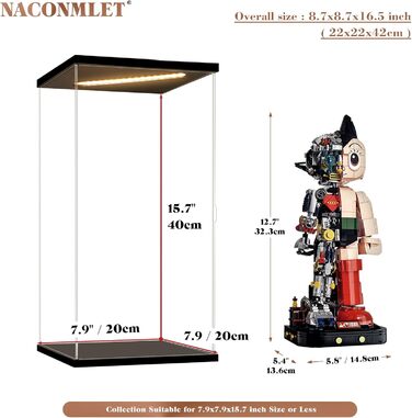Акрилова вітрина з LED-підсвіткою Naconmlet для колекційних фігурок, прозора коробка-вітрина з дверцятами, чорна основа, 20x20x40 см