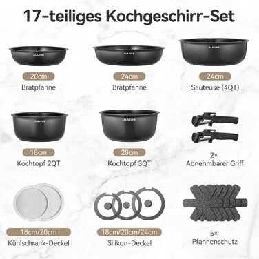 Набір посуду 17 предметів з знімним ручками, антипригарне покриття, для всіх типів плит, включаючи індукційні, сумісний з духовкою (темно-сірий)