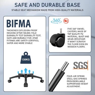 Ергономічне крісло для офісу та робочого столу з підйомними підлокітниками, регульованою підтримкою попереку, регульованою висотою поворотного сидіння та спинкою з сіткою, що нахиляється до 130°, чорне