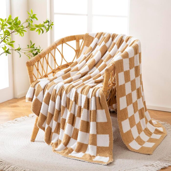 Плед YIRUIO з шаховим принтом, Queen/King Size, 203 x 228 см, мікрофібра, burnt orange