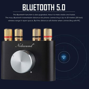 Nobsound Міні Bluetooth 5.0 цифровий підсилювач HiFi стерео 2.0 каналів 2×50 Вт, бездротовий аудіоприймач з блоком живлення, чорний
