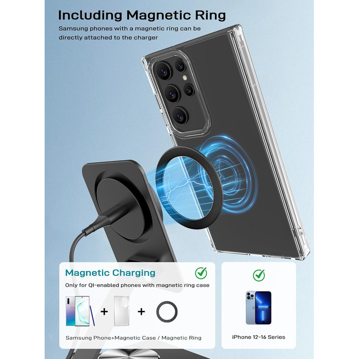 Бездротовий зарядний пристрій MagSafe для Samsung Galaxy S25 Ultra/S24, iPhone 16/15/14, Pixel 10/9 Pro/8, Android, білий/чорний