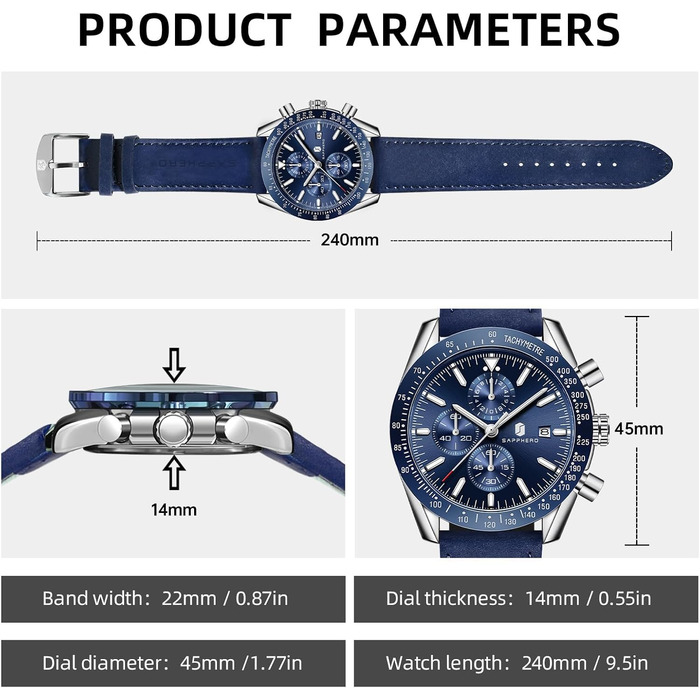 Годинник чоловічий BENYAR Chronograph з кварцовим механізмом, аналоговий, з шкіряним ремінцем. Стильний дизайн для бізнесу, спорту та повсякденного носіння. Водостійкість 30M. Елегантний подарунок для чоловіків (синій ремінець, сріблясте корпус, блакитний