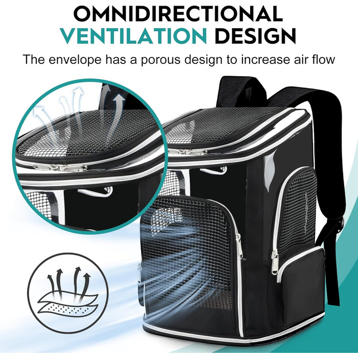 Рюкзак для кота та собаки: зручний та легкий для подорожей та прогулянок (до 9 кг), з сіткою та мискою, чорний