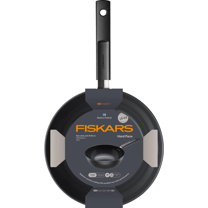 Wok-пательня Fiskars Hard Face 22 см, антипригарна, алюміній, для всіх плит, стійка до подряпин, чорна