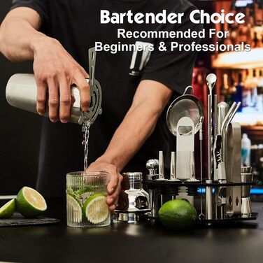 Набір для коктейлів 21 предмет | Набір шейкерів для коктейлів з обертовим підставкою | Шейкер з міцної нержавіючої сталі з аксесуарами | У комплекті стильна чорна подарункова коробка | Барний набір (Рожеве золото) (Срібло)