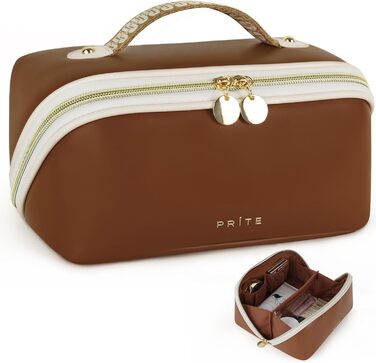Косметичка велика містка для подорожей, водонепроникна з PU-шкіри, з прозорими роздільниками та ручкою (M, темно-коричнева)