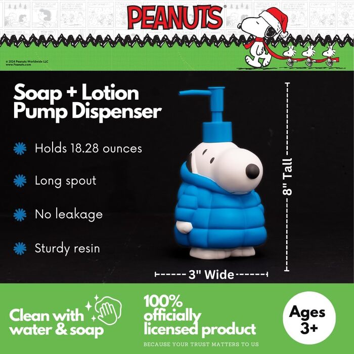 Franco Collectibles Peanuts Snoopy Puffer Coat Soap/Lotion/Hand Sanitizer Dispenser, Resin, Pump Dispenser, 488 ml, Official Licensed Product