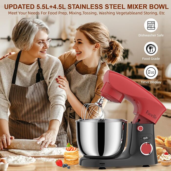 Кухонна машина-міксер Facelle 1500W з 5.5L та 4.5L чашами, 10+ програм, тиха робота, з набором насадок (червоно-сіра)