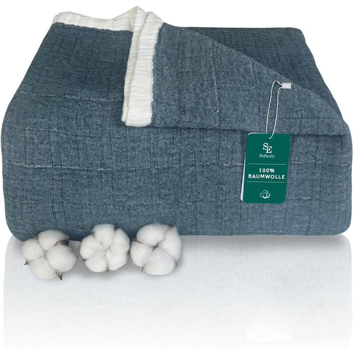 Плед SE SOFTEXLY з бавовни 100%, 4-шаровий м'який плед муслін, покривало на ліжко, накидка на диван, плед для дому, 130x150 см, білий (Pfauenblau, 200 x 230 см)