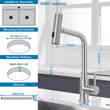 Чорний кухонний змішувач з висувною лійкою, водоспад, високий тиск, 3 режими, 360° поворот, нержавіюча сталь (нікель)