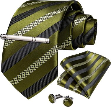 Набір краваток, нагрудних хустинок, запонок та затискачів для краватки DiBanGu для чоловіків. Оливково-чорний колір, смугастий, для весілля, бізнесу та офіційних заходів.