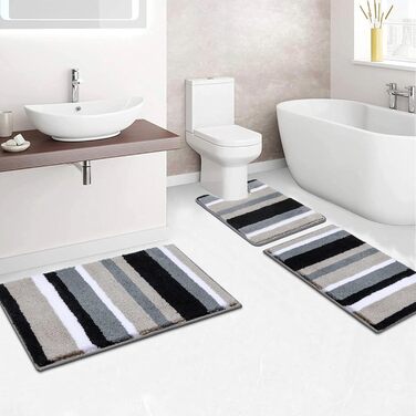 Pauwer Soft Bath Mats & Bath Rugs Set of 3, Microfiber, Non-Slip, Water-Absorbent Bathroom Rugs, Machine Washable, Bath Mat and Toilet Mat for Shower, Bathtub, and Toilet (Black) Black 50 x 80 cm + 45 x 65 cm + 50 x 60 cm