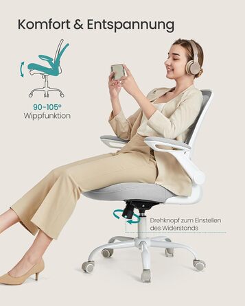 Офісне крісло SONGMICS ергономічне, поворотне з сіткою, підтримкою попереку та підголівником, функцією гойдання, сидіння 53 см, відкидні підлокітники, для офісу та спальні, студентів, OBN37BK (Світло-сірий, без підголівника)