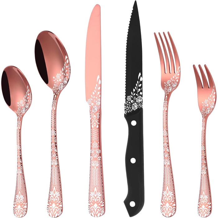 36-Piece Rose Gold Flatware Set for 6 People, HONKKU Stainless Steel Cutlery Set with Steak Knives, Polished Mirror Finish Cutlery Set with Floral Patterns, Fork Spoon Knife Set Dishwasher Safe
