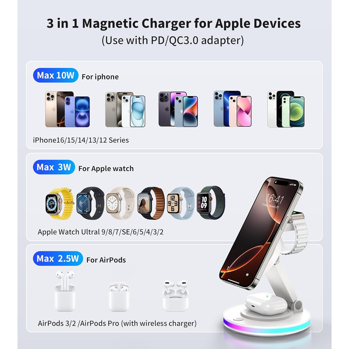 Зарядний пристрій MagSafe 3-в-1 для Apple Watch та iPhone, складний, поворотний з регулюванням світла, бездротовий зарядний станція MagSafe для iPhone 16/15/14, AirPods (без адаптера)