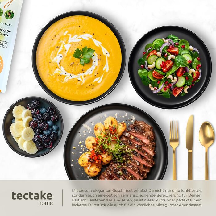 Набір посуду Tectake® для 6 осіб, 24 елементи: чорний набір посуду з кераміки, тарілки, миски, глибокі тарілки та тарілки для сніданку