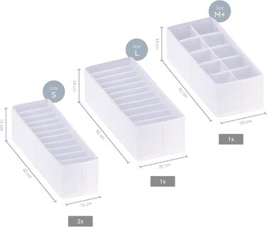 ROW&LINE® – Organizer Set – 11 extra tall compartments for underwear, bras & clothing – organization system changing table – durable & washable for any closet & drawer – white – Size: 4x S (White: 2x S / 1x M+ / 1x L)