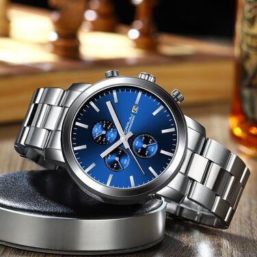 Чоловічий годинник CRRJU з хронографом, сталевий браслет, водостійкий, чорний, з датою, аналоговий кварцовий годинник (сріблястий, блакитний)