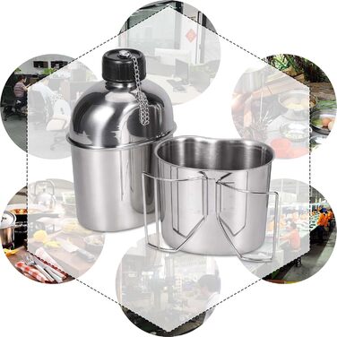 Goetland Stainless Steel US Military Field Bottle Set 1.2l with 0.6l Cup Nylon Bag Water Bottle Cooking Pot Camping Cup