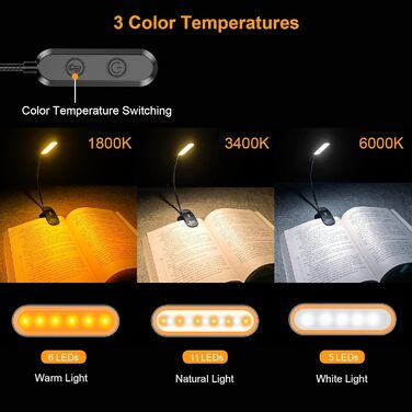 LED лампа для читання Gritin з кліпсою, USB-зарядка, 11 світлодіодів, 3 рівні яскравості, 3 режими температури кольору, гнучка на 360°, чорна
