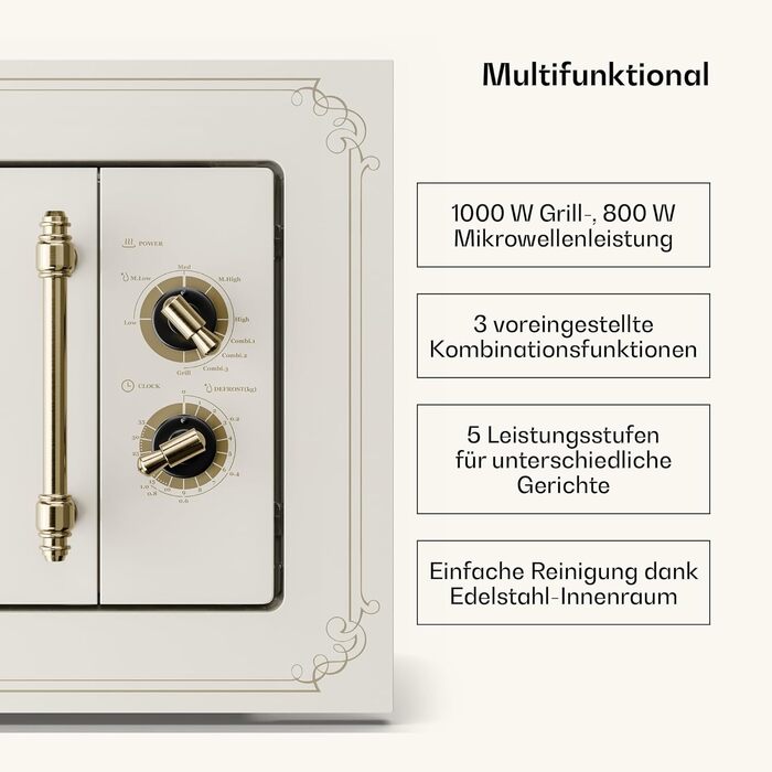 Мікрохвильова піч Klarstein Victoria 20 - вбудована, 20 л, 800 Вт, гриль 1000 Вт, нержавіюча сталь, з рамкою, кремовий колір