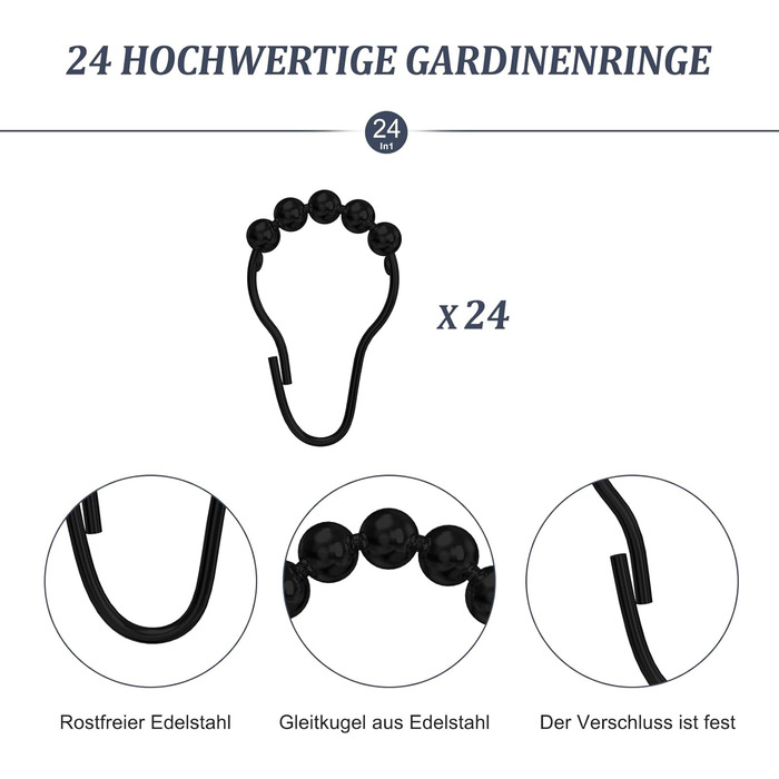 Штанга для душу U/L форми 75×(150-190)×75 см - 2 в 1 (для душу та ванни) з кільцями - Чорний колір