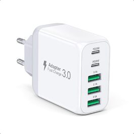 Мережевий зарядний пристрій USB-C з 5 портами, швидка зарядка, білий. Заряджає iPhone, Samsung Galaxy, Google Pixel та інші пристрої.