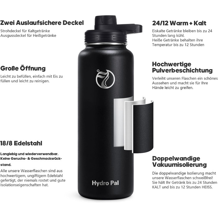 Термофляга HydroPal 1.2л (1200 мл) нержавіюча сталь, BPA-free, чорна - для спорту, подорожей, кемпінгу з соломинкою та двома кришками