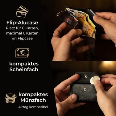 KIDMAN Icarus I Genuine Leather Slim Wallet with Alucase and Coin Pocket I Large Bill Compartment I Small Wallet for Men with RFID I Mini Wallet for Men I Card Holder for up to 8 Cards I Black