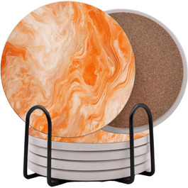 Aqua Blue Teal Marble Coasters Set of 6 - Absorbent Ceramic Coasters with Metal Stand for Drinks, Coffee, Non-Slip Cork Back for Table Protection, 10.2 cm Marble Pattern (Blue-Green) (Orange/Sunset Red Chevron Pattern)