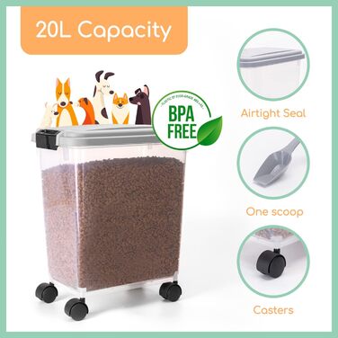 Контейнер для корму Nobleza 30 л, для собак та котів, з колесами та кришкою, прозорий, сірий