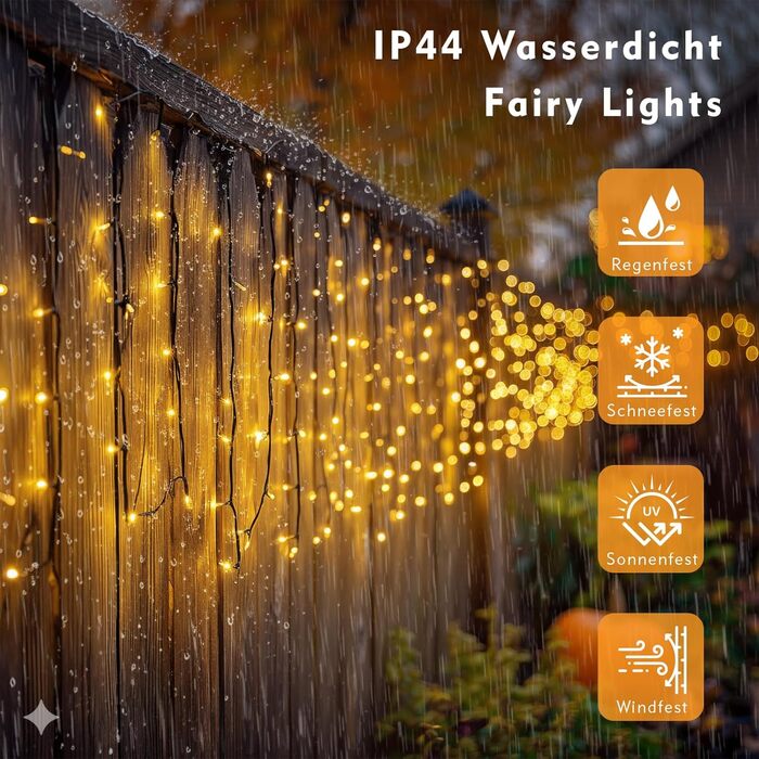 Ланцюжок прикрас для зовнішнього використання 60м, 530 LED, тепле біле світло. Ланцюжок для зовнішнього використання з таймером, 8 режимів, IP44, вологостійкий. Підходить для прикраси ялинки, саду, балкону, вечірки, весілля.