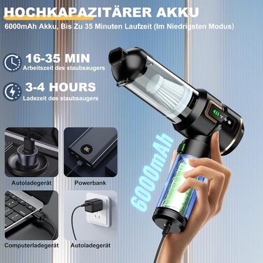 Акумуляторний пилосос 4-в-1 з LCD дисплеєм, 28000PA, для авто, кухні, дому, офісу та тварин, чорний
