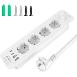 Мережевий фільтр з USB та 2 Type-C, 4 розетки, кутовий, з LED-підсвічуванням, захист від перенапруги 3680W 16A, 90°, з вимикачем, кабель 1,5 мм², білий