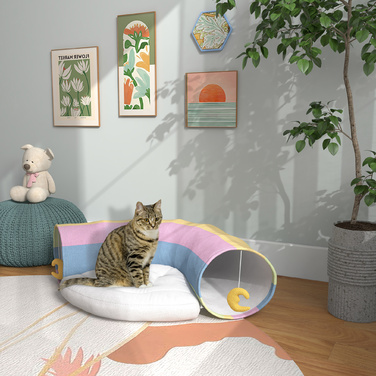 PawHut Тунель для котів, іграшка для котів, 2 іграшки, 1 м'який лежак, грайливий дизайн, 105 см x 65 см x 28 см, різнокольоровий