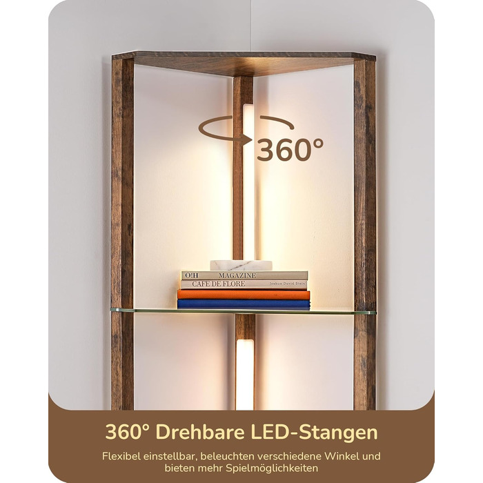 Стійка лампа EDISHINE з 4 полицями з дерева, LED диммер, 3 кольори світла, поворотний світловий маніпулятор, підсвічування полиць, регулювання яскравості, футовий вимикач, для вітальні (Вінтаж-коричневий+скло)