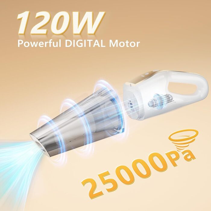 Акумуляторний пилосос EVARY 25KPa з HEPA-фільтром для авто, тварин, матраців, LED підсвічуванням, 30 хв роботи
