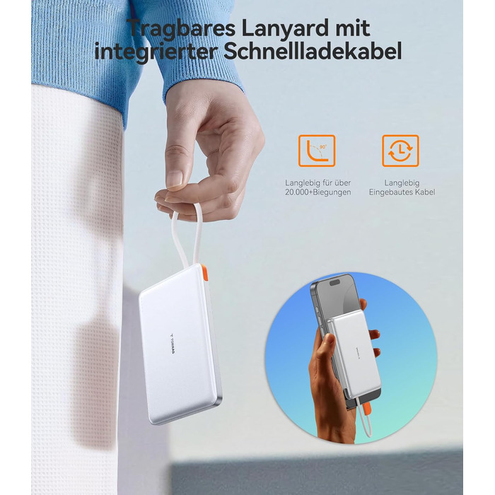 Портативний зарядний пристрій TORRAS 10000mAh з кабелем USB-C, 22.5W PD3.0, білий. Сумісний з iPhone, Samsung, AirPods.