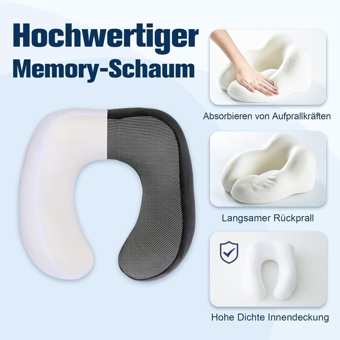 Подушка для шиї у літак, доросла, з піною Memory Foam, регульована, компактна, ергономічна, м'яка, дихаюча, з навушниками, маскою для сну, чорна сумка