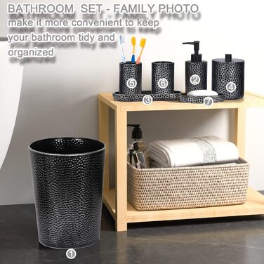 Набір аксесуарів для ванної кімнати LKKL 7-Piece Silver Set: сміттєвий бак, диспенсер для мила, мильниця, стакан для зубної щітки, підставка для зубних щіток, контейнер для ватних паличок, піднос. Сучасний набір для ванної кімнати.
