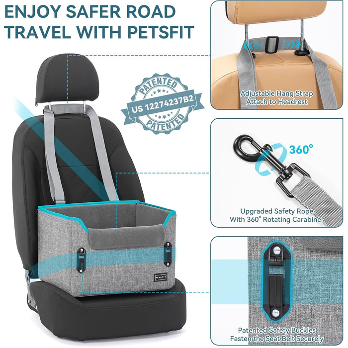 Автомобільний лежак для собак Petsfit - сірий, з кріпленням для безпеки та знімним килимком