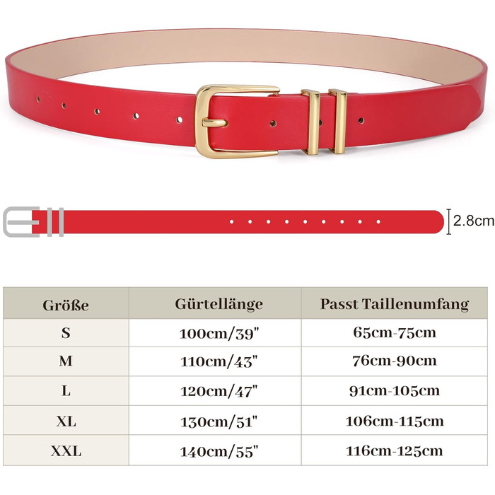 Жіночий шкіряний ремінь JasGood з золотою пряжкою для джинсів, штанів, суконь - червоний колір, розмір S (65-75 см)