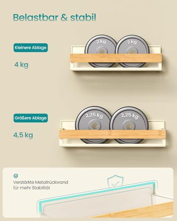 Магнітна полиця для спецій SONGMICS, 4 шт., 2 великі та 2 малі, без свердління, для кухні, холодильника, мікрохвильової печі, пральної машини, KCS061B01 (кремово-білий + натуральний бежевий, сталь + бамбук)