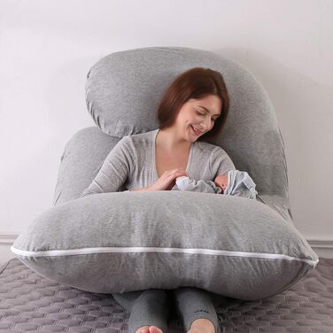 Mingfuxin Pregnancy Pillow, Large J-Shaped Full-Body Maternity Pillow with Removable Velvet Cover for Sleeping and Feeding (Knitted Cotton | Light Grey)