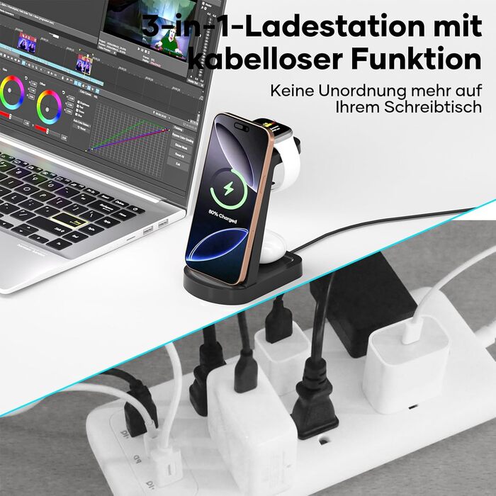 Бездротова зарядка 3-в-1 з адаптером 18W, сумісна з iPhone 16/15/14/13/12 Pro/Pro Max, Apple Watch, AirPods Pro (Чорний)