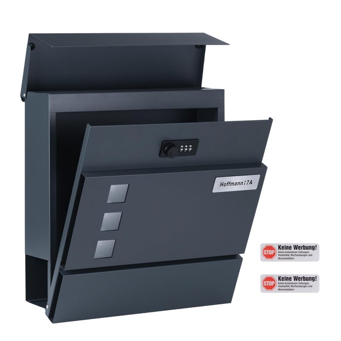 Поштовий ящик Zedelmaier з нержавіючої сталі, персоналізований, настінний, з відділенням для преси, 2 ключі, замок, антрацит 33x31x10 см